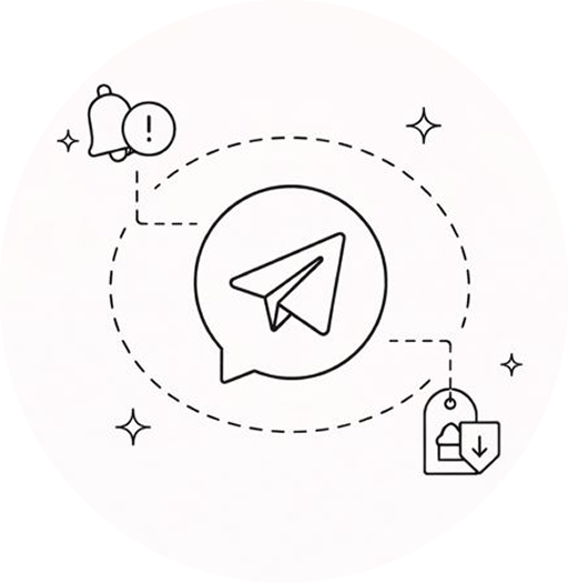 Outlined paper plane inside a chat bubble connected by dotted lines to notification bell and download tag icons.